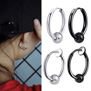 Stainless Steel Men Women Round Ball Silver Black Cartilage Hoop Earring Jewelry - Picture 1 of 14