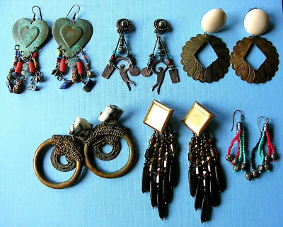 Lote de 6 Pares de Brincos Grandes Vintage Anos 80 Boho Pendurado Brutalista - Imagem 1 de 4