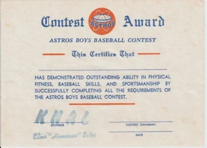Blank Astros Boys Baseball Contest Award Certificate - Picture 1 of 1