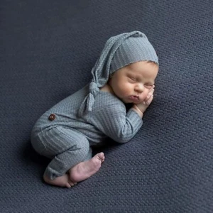 Newborn Boy Outfit Photography Baby Infant Photo Prop Sleeping Hat + Suit 2 Pcs - Picture 1 of 9