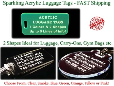 Custom Engraved ACRYLIC Plastic LUGGAGE ID TAGS Personalized Identification Tag - Image 1 of 3