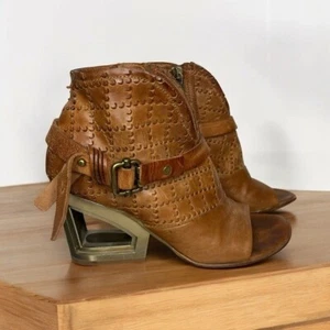 A.S.98 Mujer Talla 36 Cuero Italiano Punta Abierta Estilo Occidental Tostado Tacón Sandalia Cremallera - Imagen 1 de 16