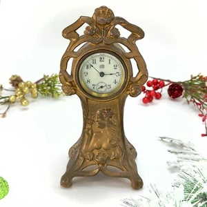 Antique Mini Mantel Clock Gilded Table Clock Woman Statue Floral Home Decor - Picture 1 of 8