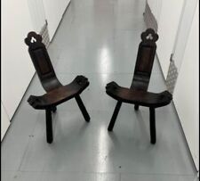 TWO Vintage Tripod Birthing Chairs Chair 3 Legged Stool Spanish Carved Wood