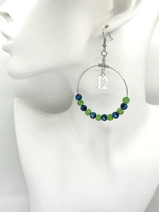 Seattle Seahawks 12 Dangle Earrings Glass Beaded Hoops Navy Green 12th Man/Woman - Picture 1 of 7