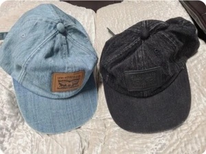 2x Vintage 1970s Levi’s Levi Strauss & Co. Denim Hat Leather Patch Blue Black - Picture 1 of 2