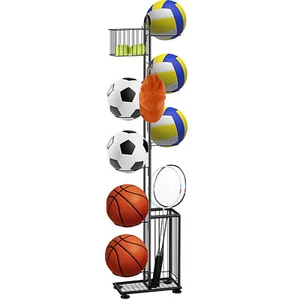 7 Tier Basketball Ball Storage Rack Freestanding Garage Ball Holder Organizer - Picture 1 of 6