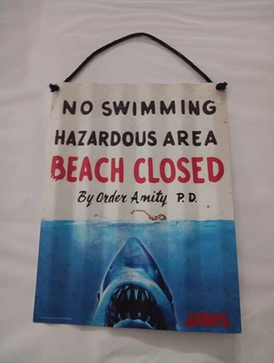 Jaws Sheet Metal Beach Closed No Swimming Universal Studios 16x12 3/8 - Image 1 of 4