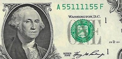 2006 $1 FRN  2-Digit Fancy Serial Number RADAR Note -A55111155F - Ch/CU - Image 1 of 3