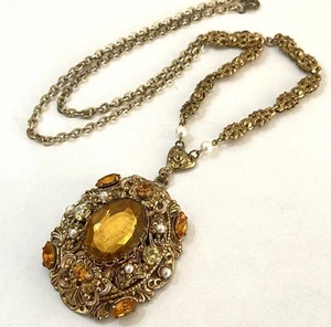 Vintage West German Ornate Filigree Pearl & Citrine Large Glass Pendant Necklace - Picture 1 of 9
