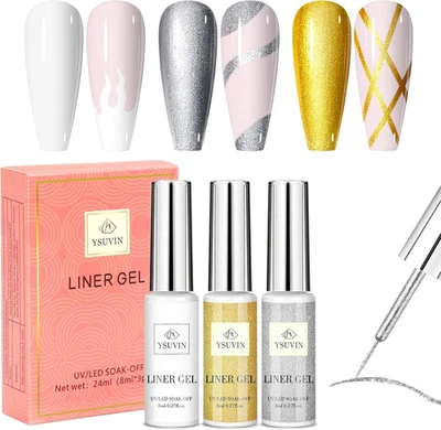 Liner Semipermanente Unghie, 3 Colori Oro Argento Bianco Gel Semipermanente Ungh - Immagine 1 di 4