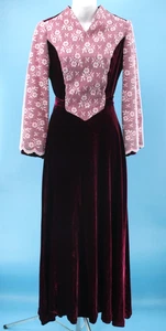 VTG Women's 70s Maroon Velvet W/ White & Pink Lace Overlay Maxi Dress XS/S 1970s - Picture 1 of 15