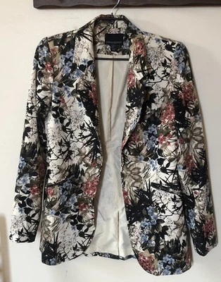 Cynthia Rowley Womens XS Floral Blazer Ivory Pink Blue Lined No Button Open - Image 1 of 4