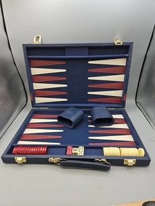 Vintage Backgammon Complete Set Blue Suitcase Board Red Ivory Chips - Picture 1 of 11