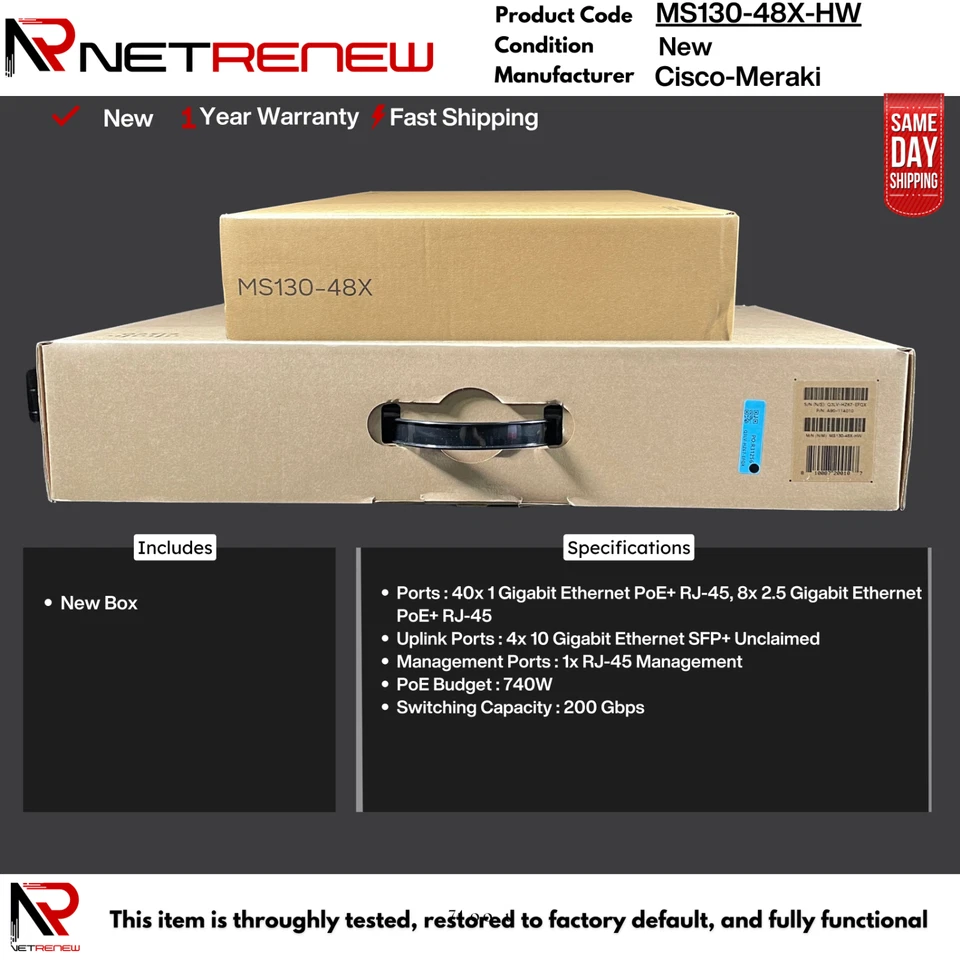 NEW  Cisco Meraki MS130-48X-HW  Network Switch 48-Port Cloud Managed - Image 1 of 1