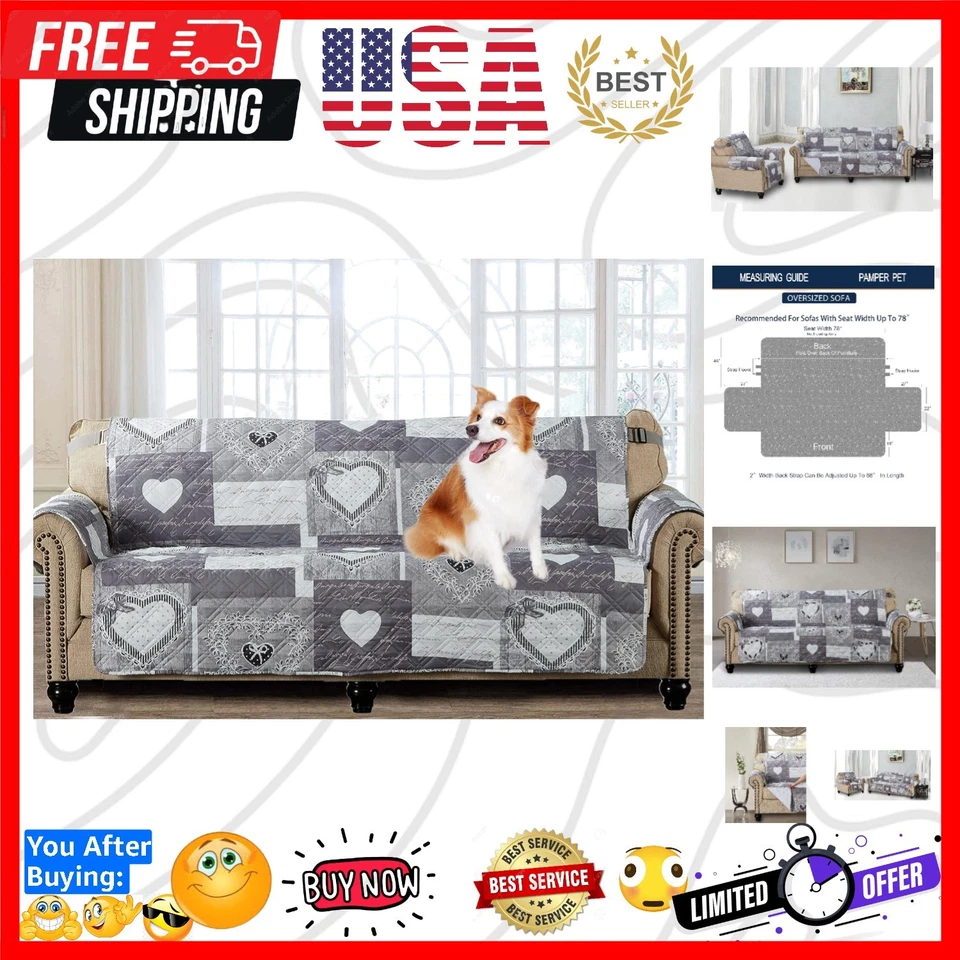 Brilliant Sunshine Gray Heart Love Patchwork X-Large Oversized Sofa Protector...