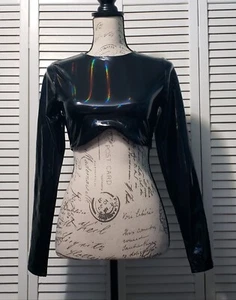 Naked Wardrobe Under Bust Crop Top Women's Size Small Black Vinyl Long Sleeve - Picture 1 of 11