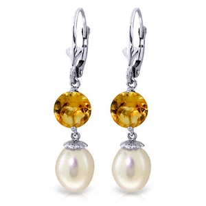 11.1 CTW 14K Whte Gold Running Ahead pearl Citrine Earrings - Picture 1 of 3