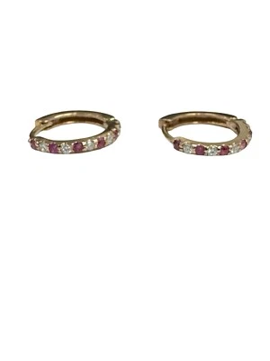 1/3 ctw Genuine Diamonds & Rubies Mini Hoop Earrings Huggies 14k Rose Gold - Image 1 of 4