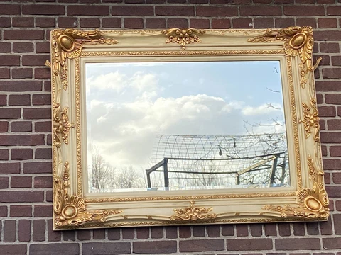 French Louis XVI Style Wall Mirror in Lacquer With Gold Cover