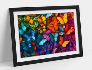 RAINBOW MULTICOLOUR BUTTERFLIES -FRAMED WALL ART POSTER PAPER PRINT - Picture 1 of 11