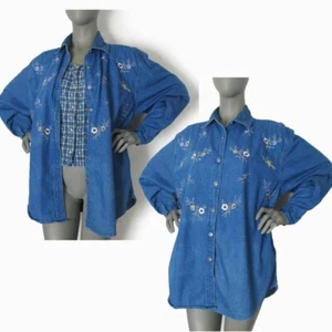 Tontrum Blues Size: 1X Cotton Faux Layer Button Front Embroidered Blouse - Picture 1 of 16