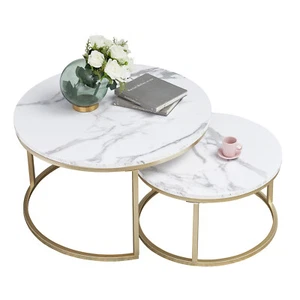 Set di 2 Tavolini Tavolino Rotondo Tavolino Marmo Bianco e Oro 60cm & 40cm - Foto 1 di 12