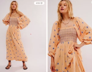 Free People 'Dahlia Embroidered' Maxi Dress, Peach Combo - X-SMALL - BNWT - £158 - Picture 1 of 8