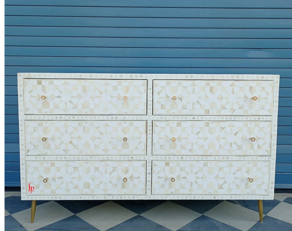 Antique White Home Decor Furniture | Handcrafted Chest of 6 Drawers | Dresser  - Image 1 of 4