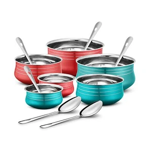 Stainless Steel Red 3 Pcs and Blue 3 Pcs Handi Set + 6 Serving Spoon - Picture 1 of 5
