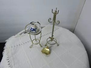 Dollhouse furniture coat rack, basket gold, pitcher and bowl glass with stand - Picture 1 of 8