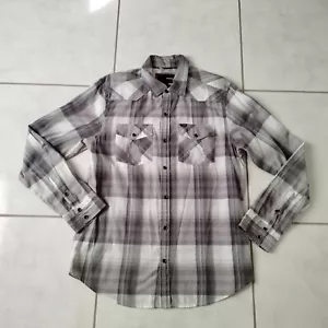 Hurley Men Shirt Size L Plaid Grey White Long Sleeve Snap Button Collar - Picture 1 of 12