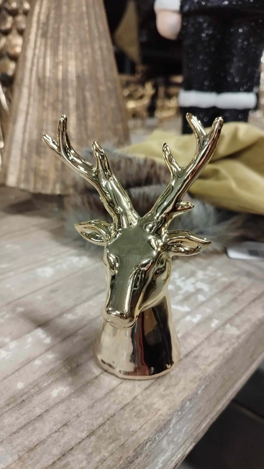 Hirschkopf Rentier Deko Geweih  Gold glänzend 7 x 6 x 12 cm - Bild 1 von 1