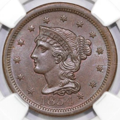 1854 1c N-6 Braided Hair Large Cent NGC MS 64+ - Image 1 of 4