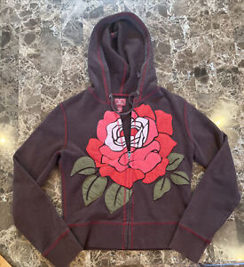 Lucky Brand Hoodie M Red Floral Rose Full Zip Hooded Grunge Sweatshirt Vtg Y2K
