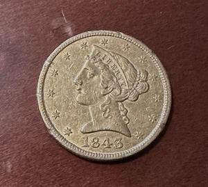 1843 Liberty Head Five Dollar $5 Gold Piece - AU Condition - Picture 1 of 2
