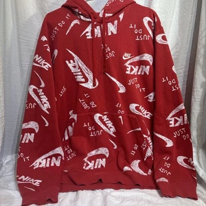 NIKE Hoodie Herren 2XL Rot Grafik All Over Swoosh Just Do It Y2K Sweatshirt - Bild 1 von 9