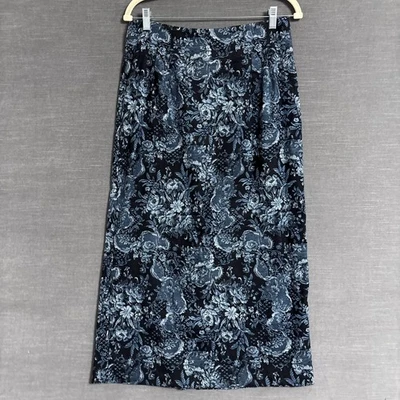 Vintage Briggs Skirt 10 Black Blue Floral Pencil Midi 90s Career Fall Preppy - Image 1 of 4