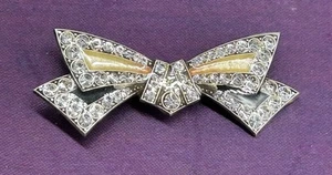 Art Deco Bow Silvertone Clear Rhinestones Enamel Antique Trombone Clasp Brooch - Picture 1 of 9