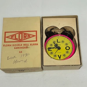 VINTAGE 70'S FLORN DOUBLE BELL ALARM CLOCK PINK WIND UP MADE IN GERMANY W/BOX - Picture 1 of 6