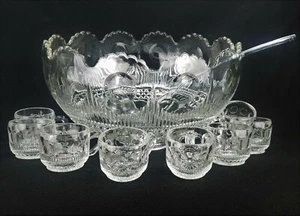 Antike US Glas Manhattan Klar Bowle Schale mit 24 passenden Tassen & Glaskelle - Bild 1 von 12