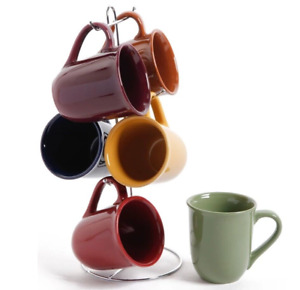 GIBSON Cafe Amaretto Stoneware Mugs Set of 6 on a Stand, 400 ml ea