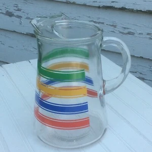 Vintage Glass Water Pitcher Primary Color Stripes 40-50’s 72 oz Capacity Great! - Picture 1 of 7