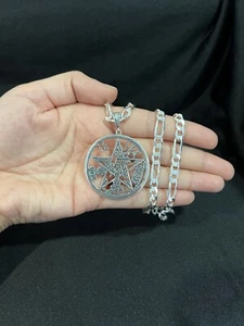 925 Sterling Silver Tetragrammaton Pentacle Pentagram Wiccan Star & Figaro Chain - Picture 1 of 6