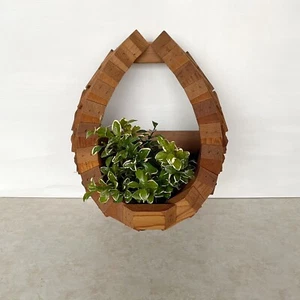 Vtg Wood Block Planter Wall Pocket Hanging Basket Boho Geometric Teardrop MCM - Picture 1 of 7