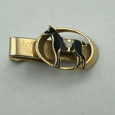 Tie Bar Clip Clasp Horse Equestrian Vintage Black + White Horse Brass Tone Metal - Image 1 of 4