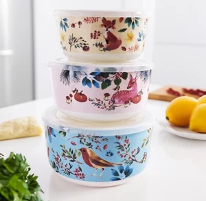 3 Pcs Ceramic Bowls Set ,Food Storage Set, Floral Bird Design BPA Free - Bild 1 von 3