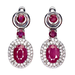 Oval Red Ruby 7x5mm Cz 14K White Gold Plate 925 Sterling Silver Earrings