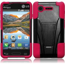 For LG Optimus Zone 2 L34C Fuel T-Stand Hybrid Cover Case - Black+Hot Pink