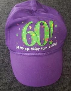 60! AT MY AGE HAPPY HOUR IS A NAP Cap Hat Novelty Snap Back Adjustable PURPLE - Picture 1 of 2